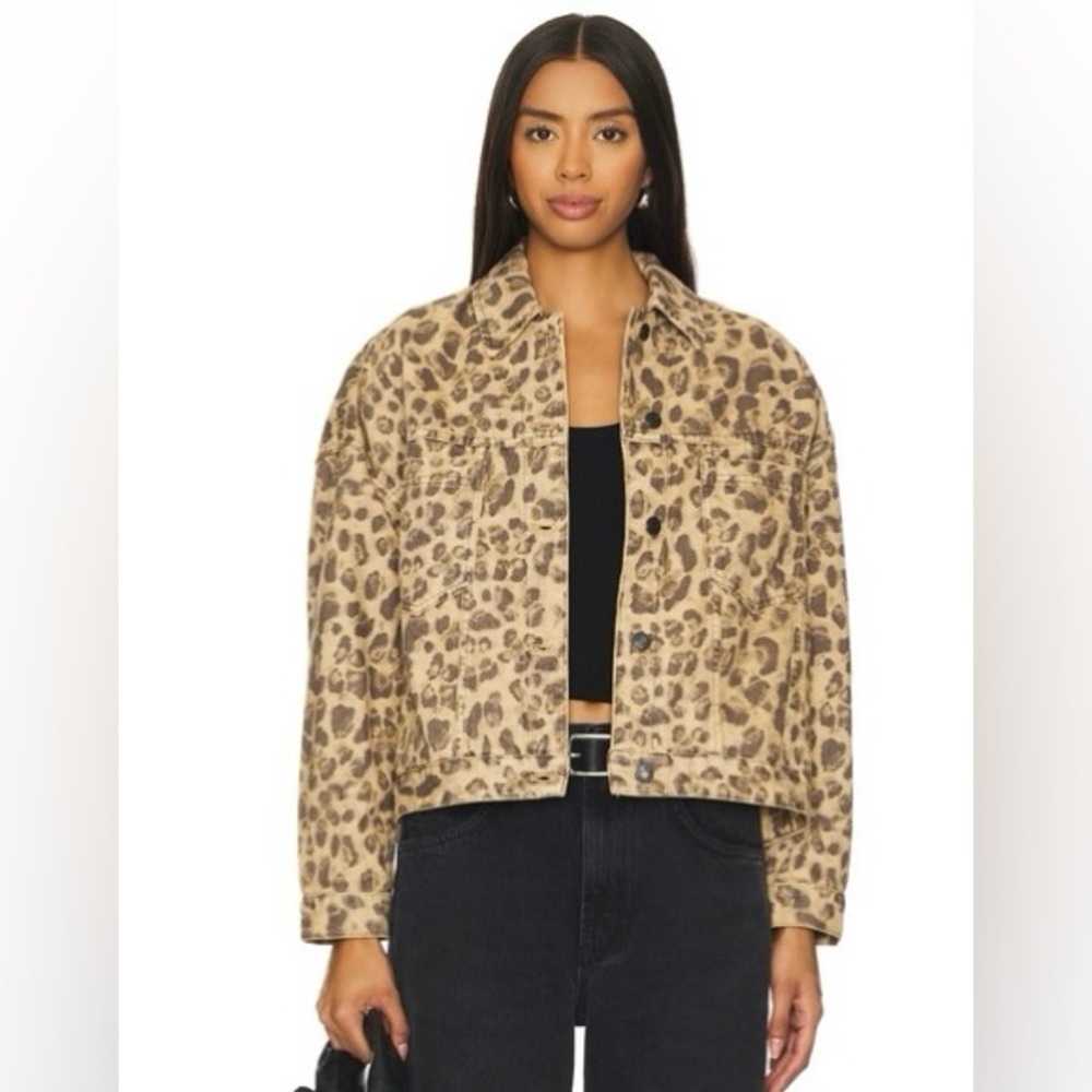 We The Free People Opal Swing Denim Jacket Leopard Print Size S